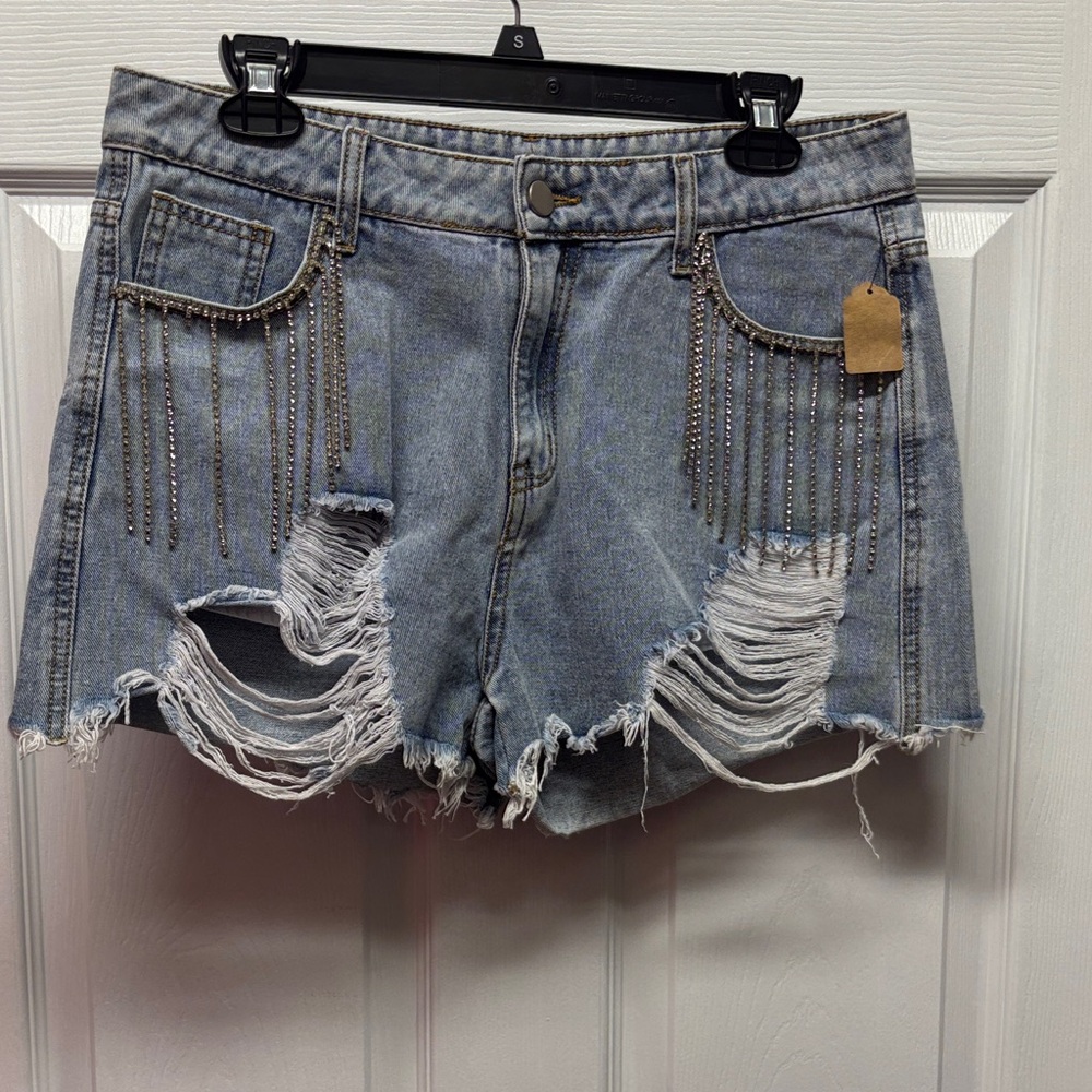 Distressed Denim Shorts with Rhinestone Fringe Detail Sz 12
